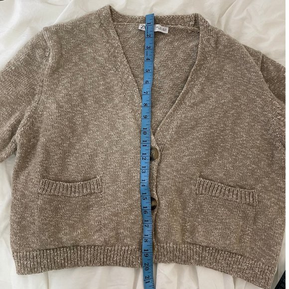 Zara Cropped Cotton-Linen Blend Beige Knit Cardigan - Picture 3 of 5